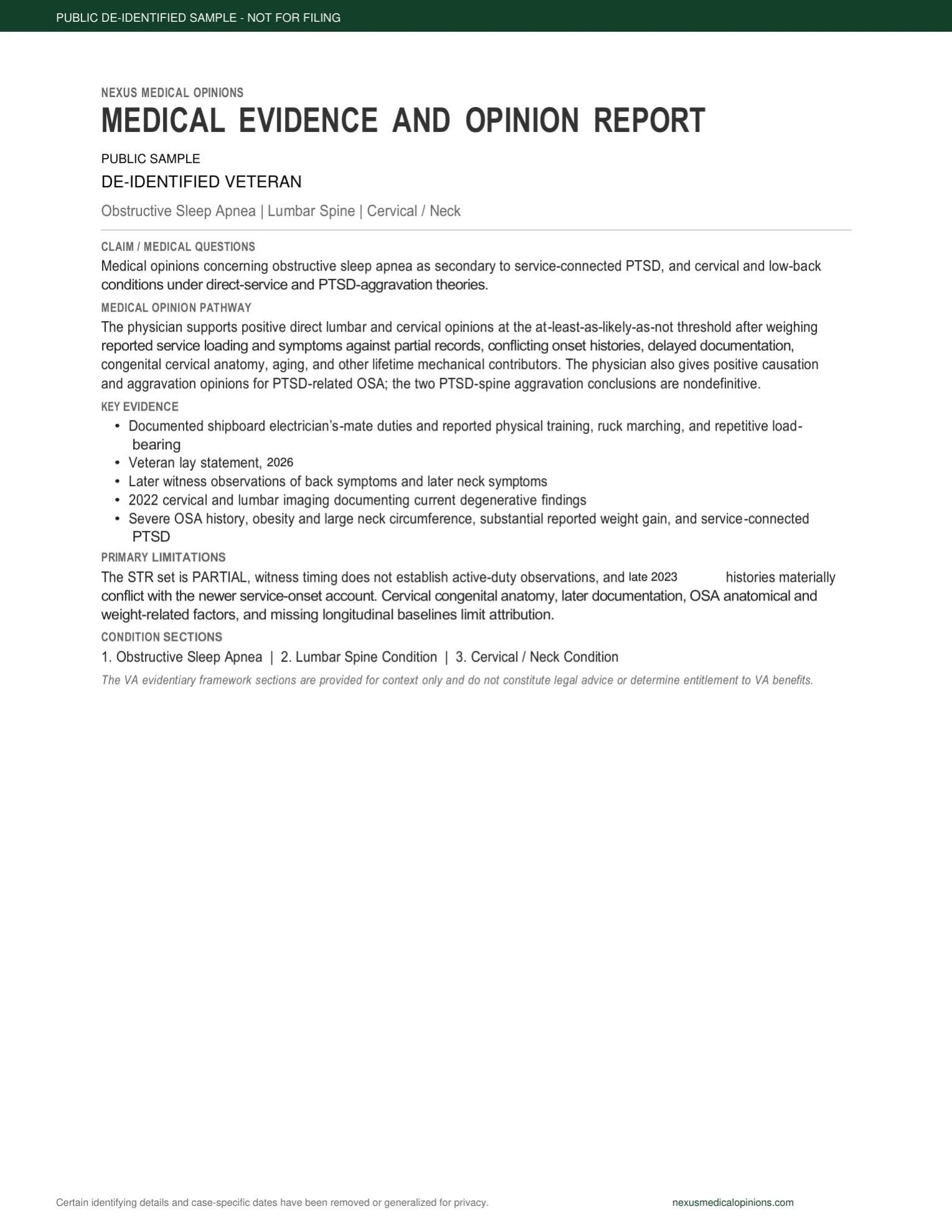 De-identified Nexus Medical Opinions report overview showing medical questions, evidence, limitations, and report structure.