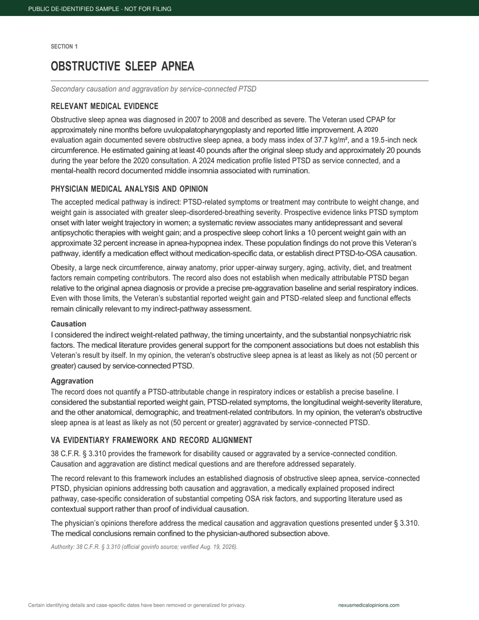 De-identified physician medical analysis page addressing evidence, competing contributors, causation, aggravation, and evidentiary limitations.