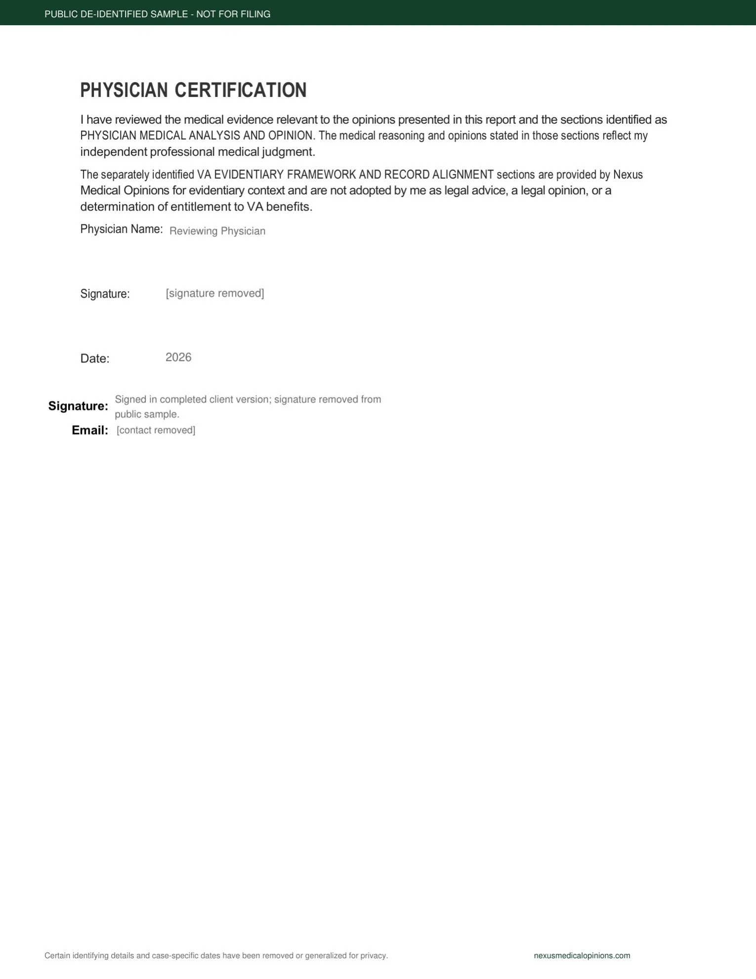 De-identified physician certification page showing the independent physician review and certification structure.